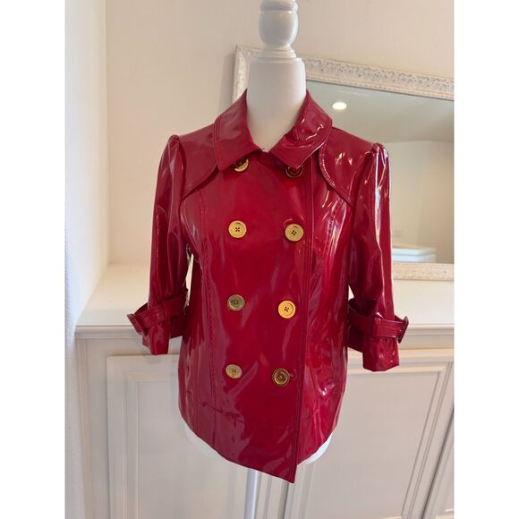 Juicy Couture Red Faux Patent Leather Double Breasted Rain Coat Size Medium - Picture 1 of 8